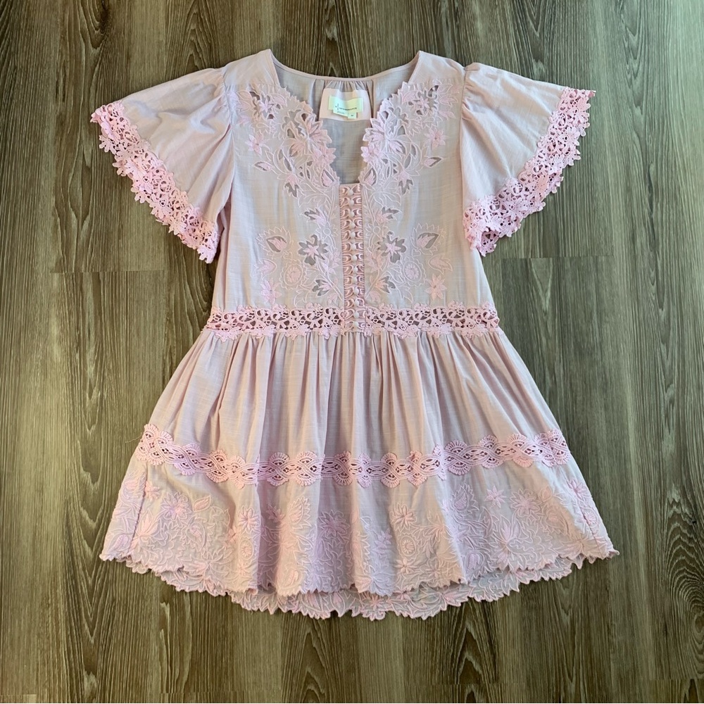 Anthropologie Boho Pink Lace Embroidered Mini Dress XS M Short Sleeve Relaxed